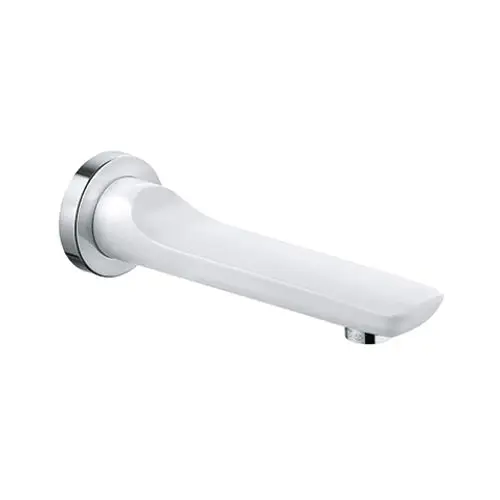 Weißer Wand-Wanneneinlauf von Kludi mit flacher Auslaufform und runder chromfarbener Blende. Ideal für die Integration in moderne Badezimmer.